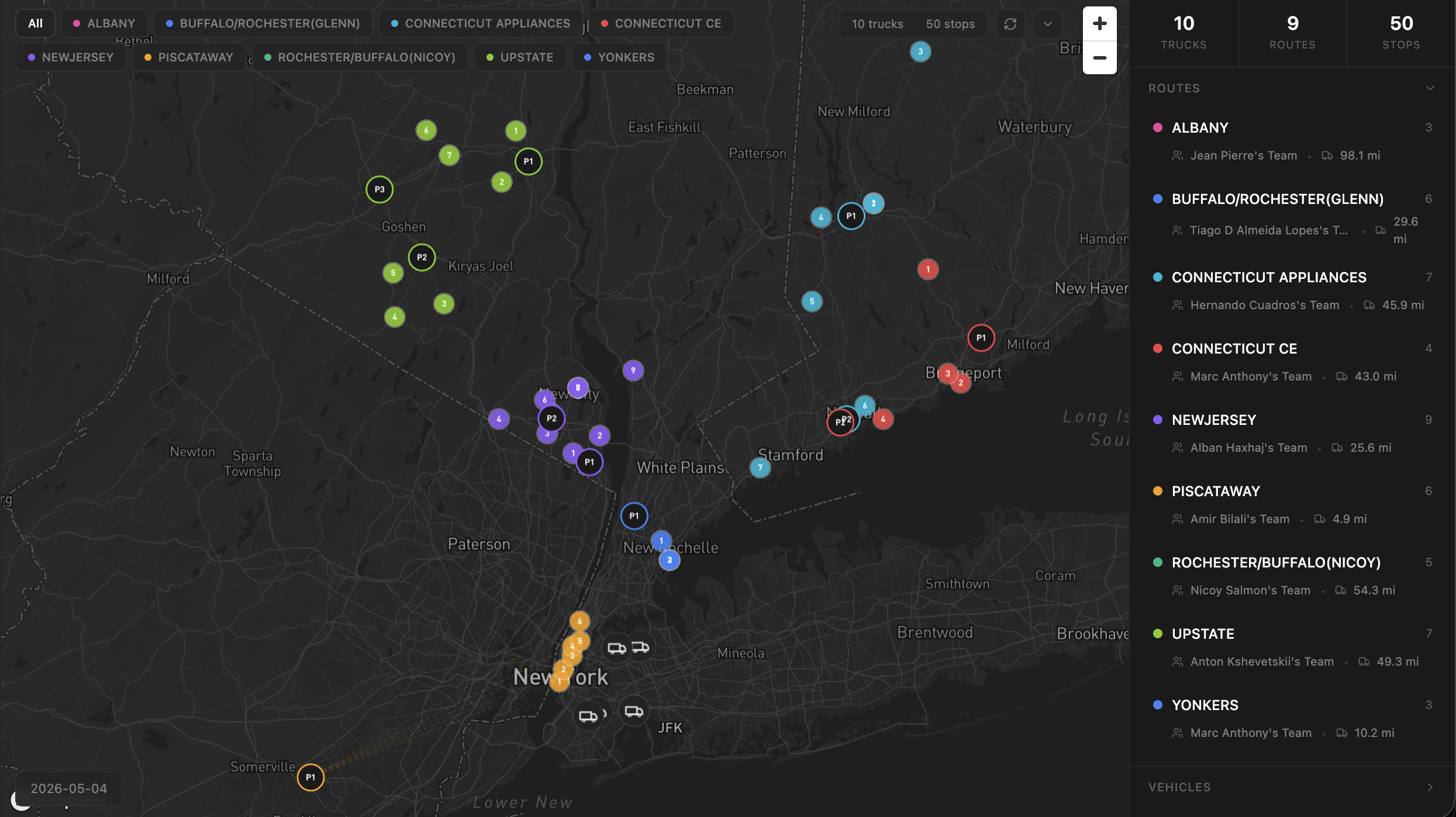 QSPlatform live operations map showing color-coded routes across NY, NJ, CT markets
